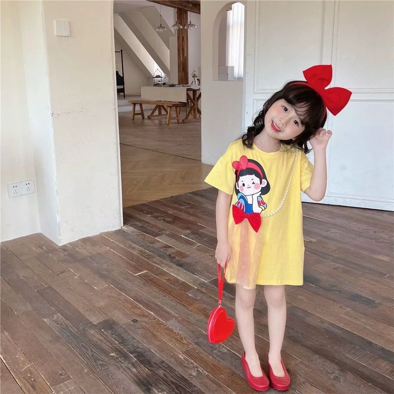 Girls Summer Cartoon T-Shirt Dress with Pearl Mesh Yellow 