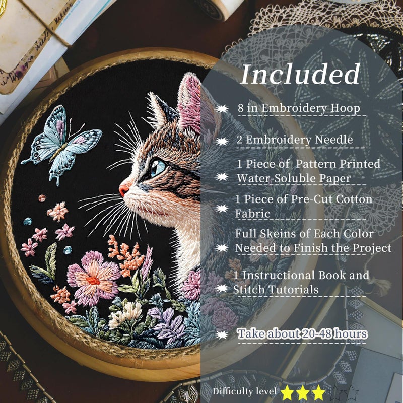 FONNUY Funny Cat Floral Embroidery Kit, Cross Stitch Kits for Beginners, Handmade Crafts with Printed Patterns for Beginner Adults, Easy to Follow Color Thread Needlework, 8'' Hoop (Radiant Cat) - Image 2
