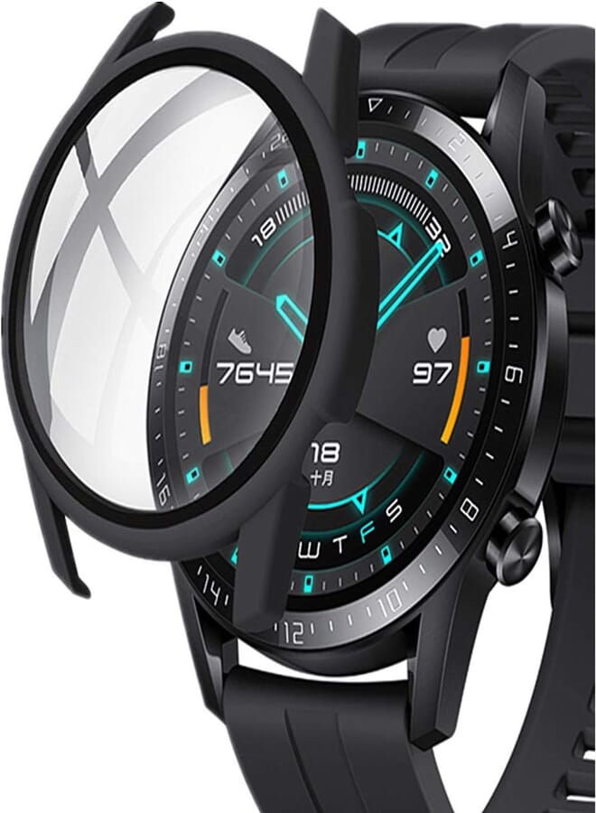 Yrzper Compatible for Huawei GT2 Watch Screen Protector 46mm Ultra Thin HD Tempered Glass Screen Protection Overall Protective Case Matte Hard Cover Defense Edge for Huawei GT2 46MM (Black)