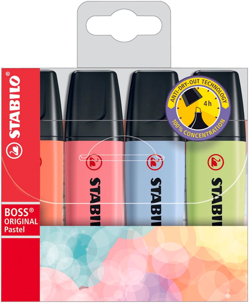 STABILO Highlighter BOSS ORIGINAL Pastel - Pack of 4 - Mellow Coral Red, Cherry Blossom Pink, Cloudy Blue, Dash of Lime - Image 1
