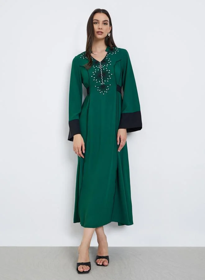 Take Two  Green Embroidery Back Tie A-Line Maxi Dress for Women | Best Price UAE