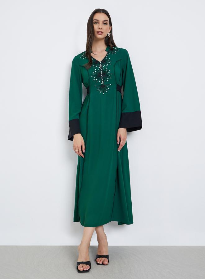 Take Two Green Embroidery Back Tie A-Line Maxi Dress - Image 2