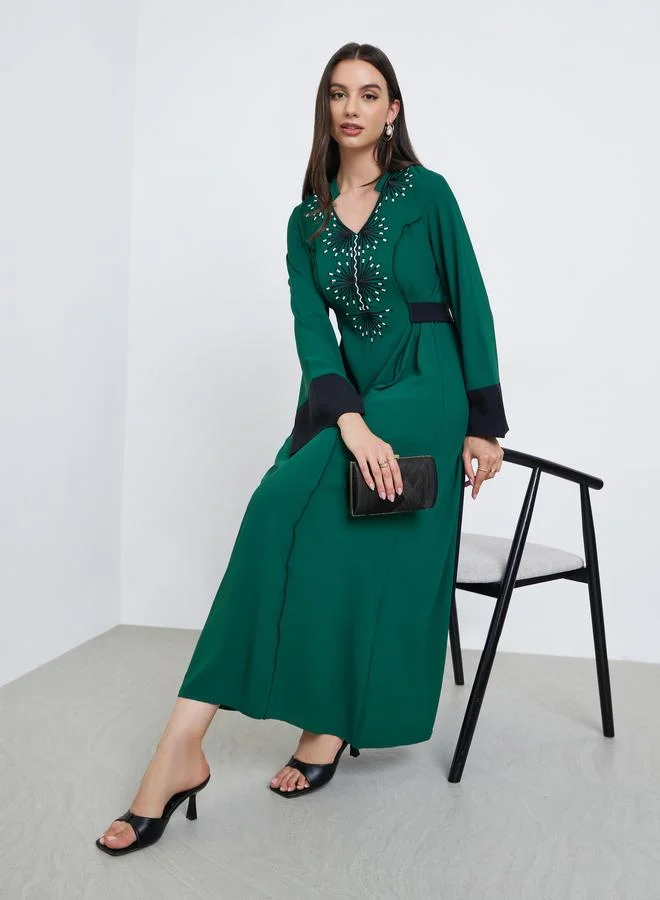 Green Embroidery Back Tie A-Line Maxi Dress