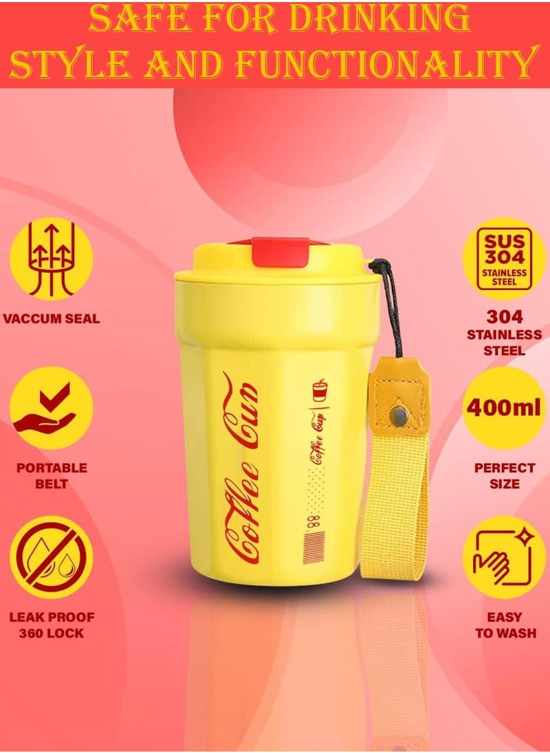 QUTOOB - Insulated Coffee Mug 400ml Thermal Vacuum Cup With Lid and Carrying Strap, Tea and Coffee Cup for Travel, Camping, Picnic, Office, Outdoor, Etc - Stainless Steel Travel Mug For Hot and Cold Drinks - Image 1