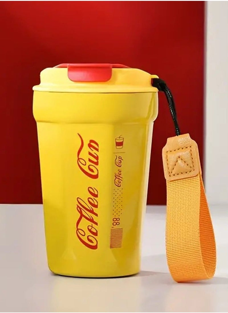 QUTOOB - Insulated Coffee Mug 400ml Thermal Vacuum Cup With Lid and Carrying Strap, Tea and Coffee Cup for Travel, Camping, Picnic, Office, Outdoor, Etc - Stainless Steel Travel Mug For Hot and Cold Drinks - Image 1
