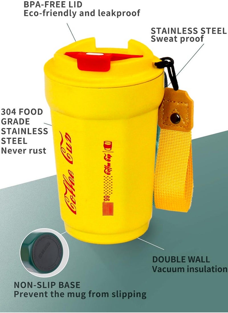 QUTOOB - Insulated Coffee Mug 400ml Thermal Vacuum Cup With Lid and Carrying Strap, Tea and Coffee Cup for Travel, Camping, Picnic, Office, Outdoor, Etc - Stainless Steel Travel Mug For Hot and Cold Drinks - Image 1