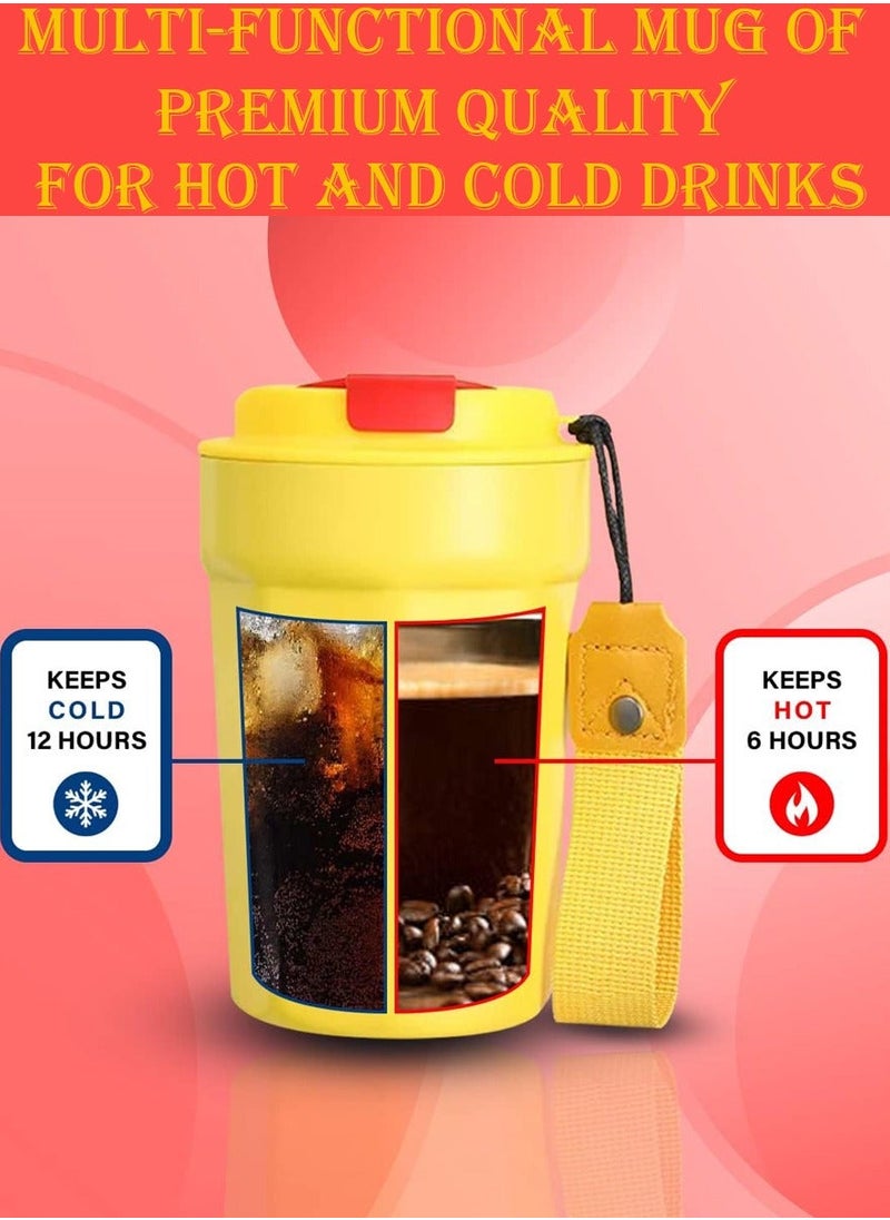 QUTOOB - Insulated Coffee Mug 400ml Thermal Vacuum Cup With Lid and Carrying Strap, Tea and Coffee Cup for Travel, Camping, Picnic, Office, Outdoor, Etc - Stainless Steel Travel Mug For Hot and Cold Drinks - Image 1