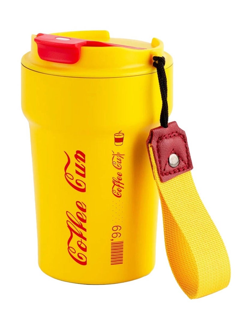 QUTOOB - Insulated Coffee Mug 400ml Thermal Vacuum Cup With Lid and Carrying Strap, Tea and Coffee Cup for Travel, Camping, Picnic, Office, Outdoor, Etc - Stainless Steel Travel Mug For Hot and Cold Drinks - Image 1