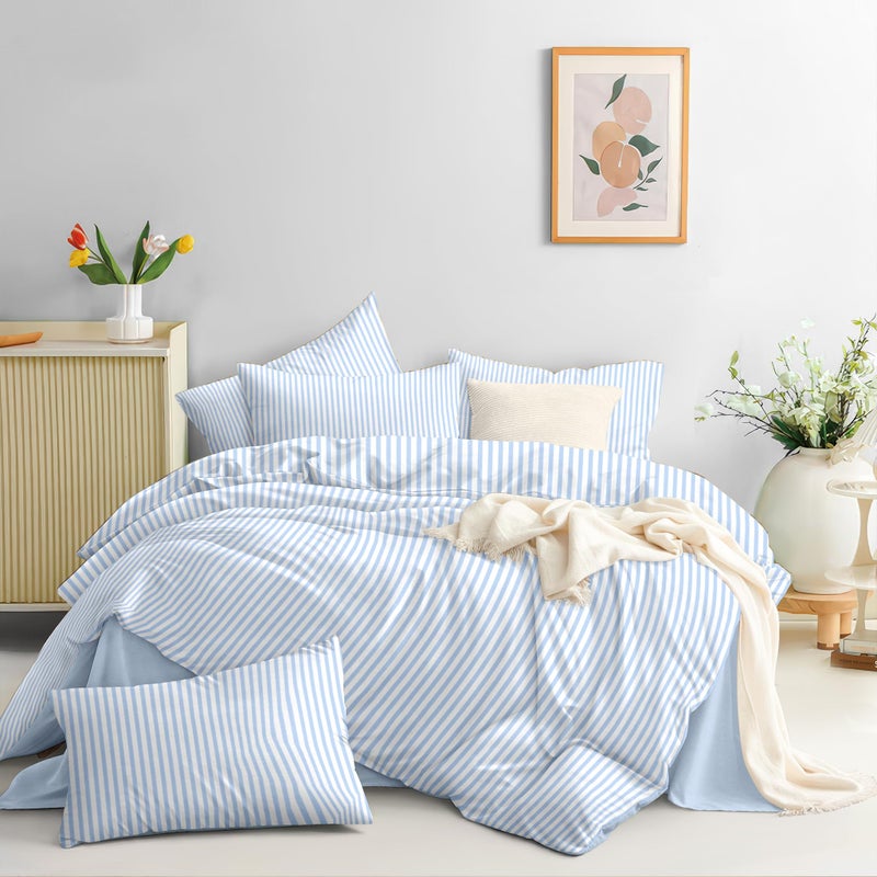 Nayoroom Blue Striped Comforter Set Queen Size White Stripe Comforter 3 Pieces Girls Soft Lightweight Pinstripe Dorm Bedding Set for All Seasons - Image 4