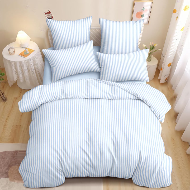 Nayoroom Blue Striped Comforter Set Queen Size White Stripe Comforter 3 Pieces Girls Soft Lightweight Pinstripe Dorm Bedding Set for All Seasons - Image 1
