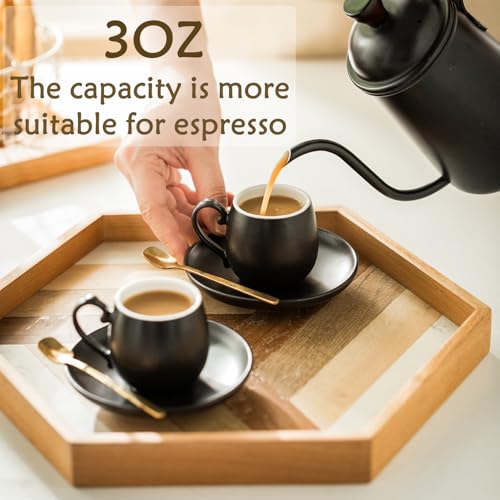 LYEOBOH Espresso Cups and Saucers Set, Ceramic Coffee Cup 3 Ounces Small Demitasse Cups Espresso Mugs with Spoons & Metal Stand for Cappuccino, Latte, Tea, Set of 6, Black - Image 3