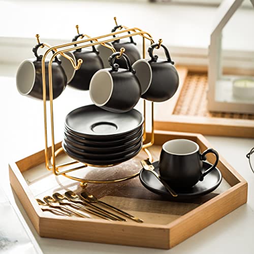 LYEOBOH Espresso Cups and Saucers Set, Ceramic Coffee Cup 3 Ounces Small Demitasse Cups Espresso Mugs with Spoons & Metal Stand for Cappuccino, Latte, Tea, Set of 6, Black - Image 4