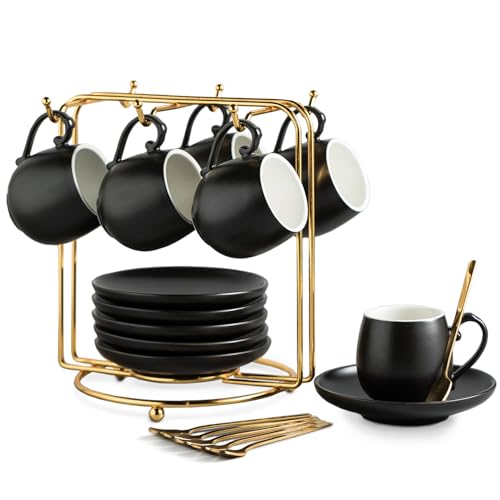 LYEOBOH Espresso Cups and Saucers Set, Ceramic Coffee Cup 3 Ounces Small Demitasse Cups Espresso Mugs with Spoons & Metal Stand for Cappuccino, Latte, Tea, Set of 6, Black - Image 1