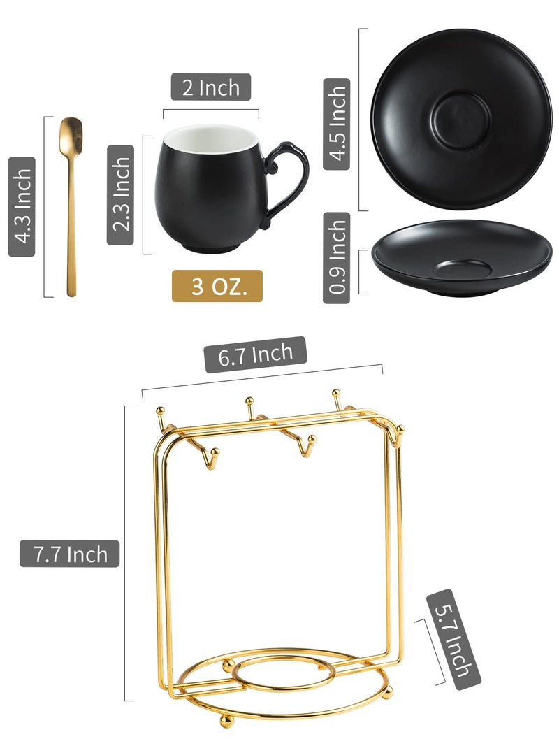 LYEOBOH Espresso Cups and Saucers Set, Ceramic Coffee Cup 3 Ounces Small Demitasse Cups Espresso Mugs with Spoons & Metal Stand for Cappuccino, Latte, Tea, Set of 6, Black - Image 2