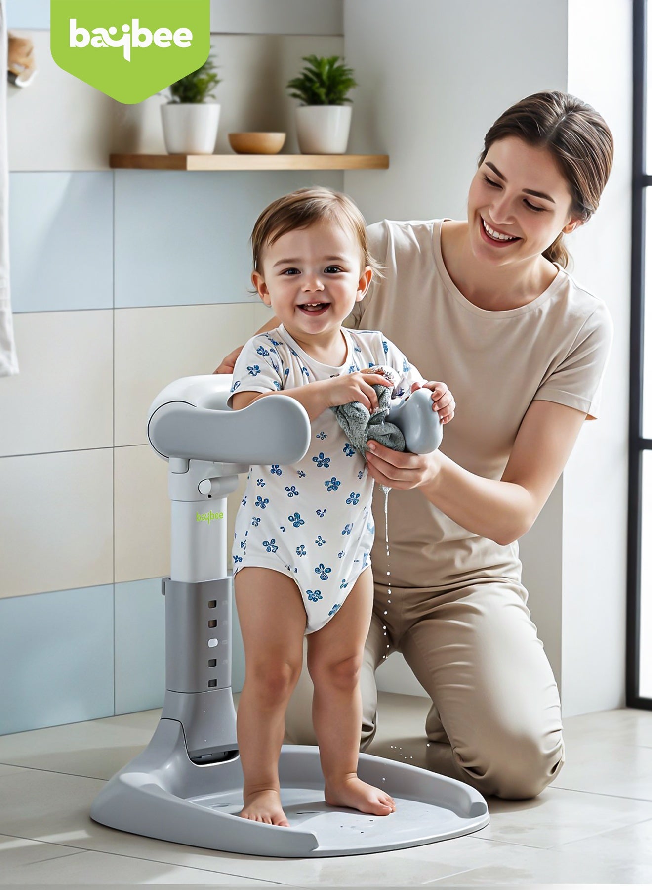 BAYBEE Foldable Baby Shower Stand with Huggable Bath Support, 5 level Adjustable Height, Anti Slip Base Portable Bath Helper for Infants & Toddlers Baby Bath Stand for Toddlers Baby Shower Stand Grey