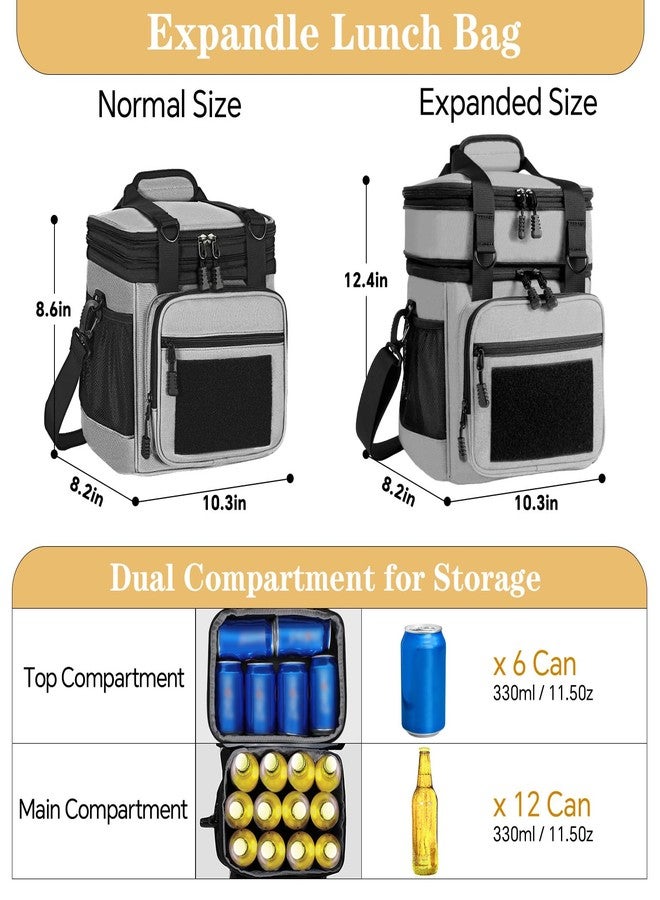 GLENKEY Double Deck Insulated Lunch Box, Expandable Large Lunch Bag Leakproof Cooler Bag Lunch Pail for Men Women Adults Work Shifts Travel Daytrip, Grey,16L - Image 2