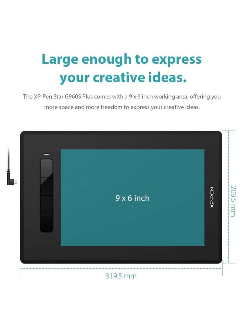 XP-PEN G960S Plus Graphics Tablet, 9×6" Drawing Pad with 8192 Pressure Levels, Digital Eraser & 60° Tilt Support for Art & Design - Image 2