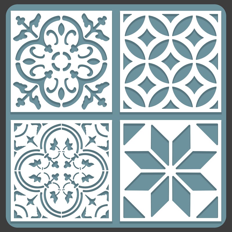STENCILOGY  4 pcs 12 x 12 InchesTile Stencil Set Reusable Tile Stencils Set for Painting Furniture FloorHousehold Paint Wall Stencils 12x12 inches