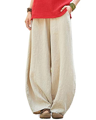 IXIMO Women's Casual Cotton Linen Baggy Pants with Elastic Waist Relax Fit Lantern Trousers Beige M - Image 5
