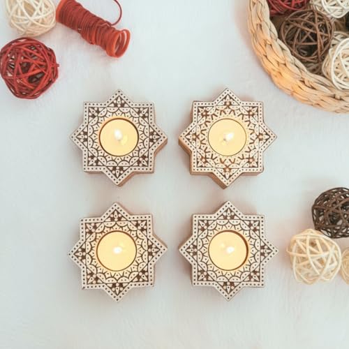 Goyoham | Pack of 2, Premium Wooden Candle Holders with Octagon Star Pattern | Handcrafted in India | Home Decor and Gifting - Image 4