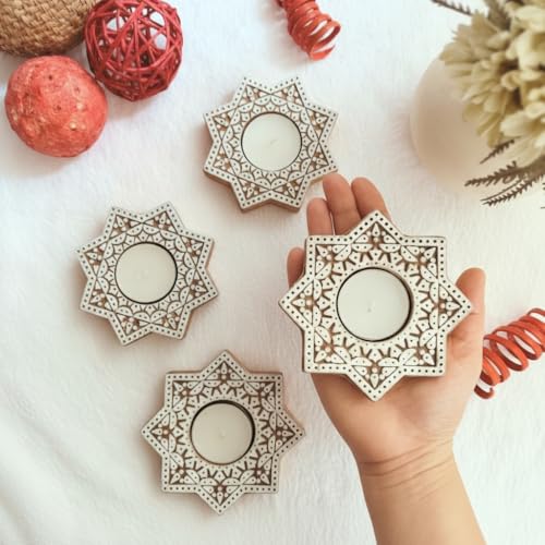 Goyoham | Pack of 2, Premium Wooden Candle Holders with Octagon Star Pattern | Handcrafted in India | Home Decor and Gifting - Image 2