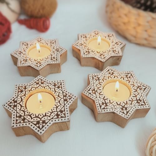 Goyoham | Pack of 2, Premium Wooden Candle Holders with Octagon Star Pattern | Handcrafted in India | Home Decor and Gifting - Image 1