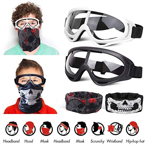 POKONBOY 2 Pack Protective Goggles/Safety Glasses/Motorcycle Eyewear with Bandanas - Compatible with Nerf Game Battle for Kids (Black & White) - Image 4