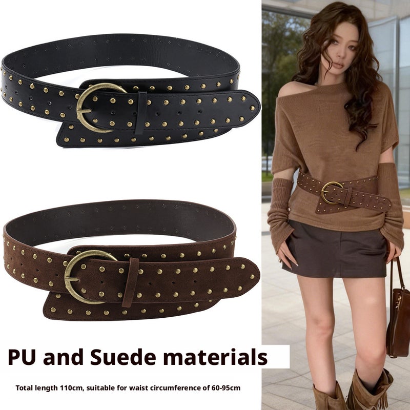 Punk Retro Wide Belt with Metal Rivets - Fashion Trendy Suede Waist Belt for Women - Image 1