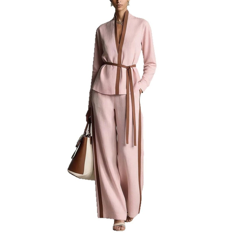 Casual Two-Piece Set Women Spring Summer Contrast Trim Cardigan Shirt Wide Leg Pants - Image 5