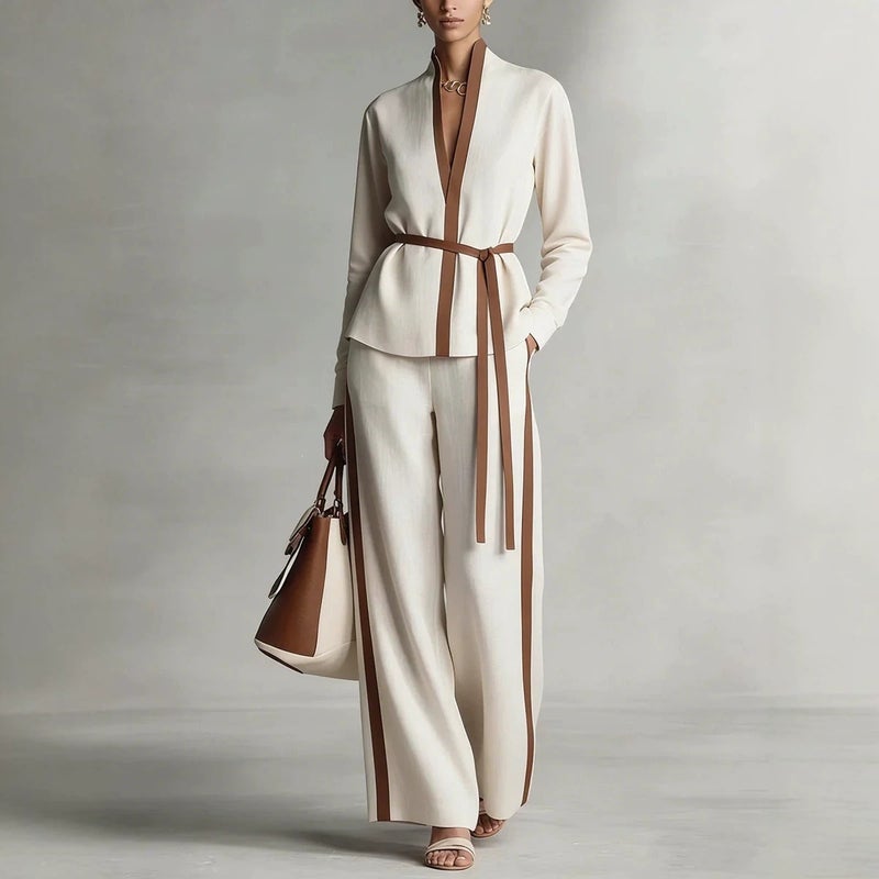 Casual Two-Piece Set Women Spring Summer Contrast Trim Cardigan Shirt Wide Leg Pants - Image 1