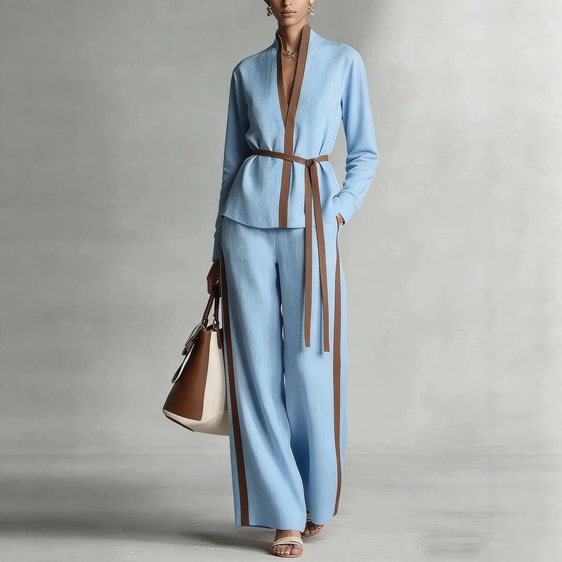 Casual Two-Piece Set Women Spring Summer Contrast Trim Cardigan Shirt Wide Leg Pants - Image 2