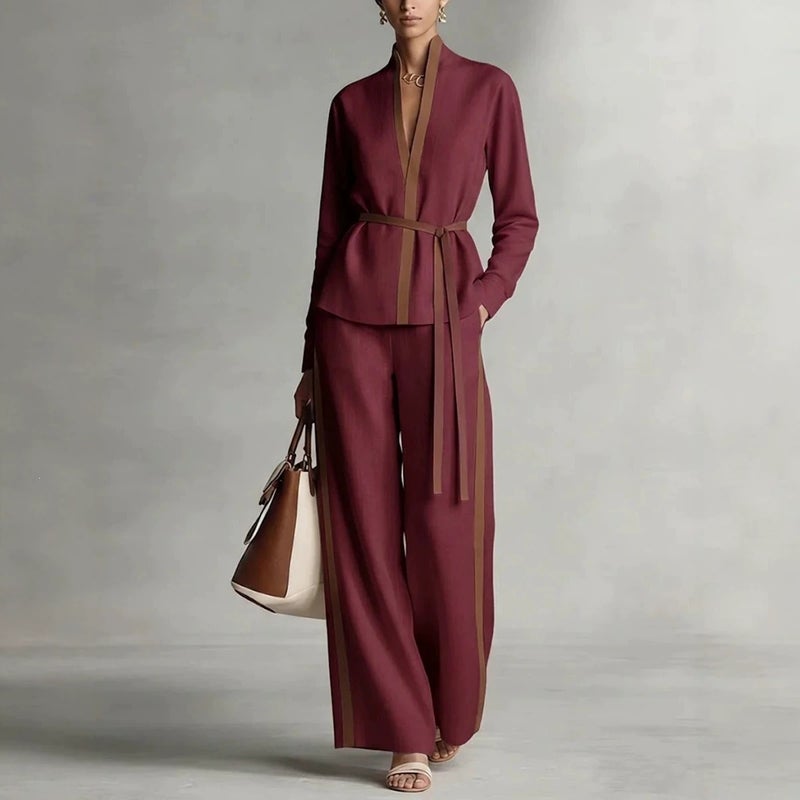 Casual Two-Piece Set Women Spring Summer Contrast Trim Cardigan Shirt Wide Leg Pants - Image 3