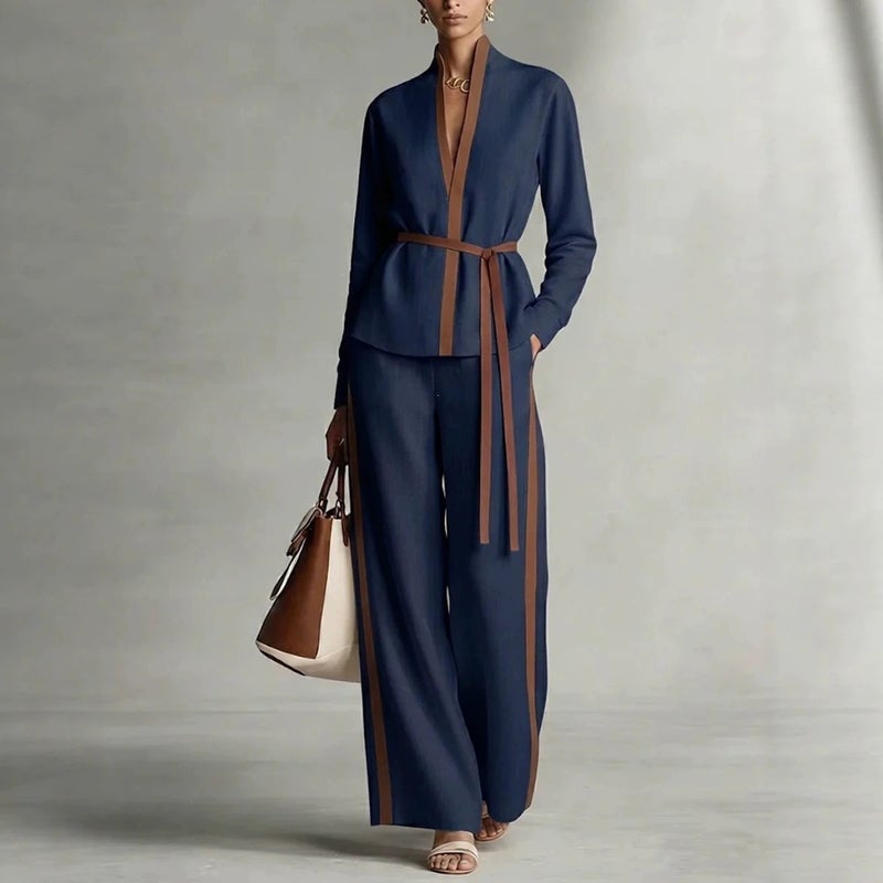 Casual Two-Piece Set Women Spring Summer Contrast Trim Cardigan Shirt Wide Leg Pants - Image 4