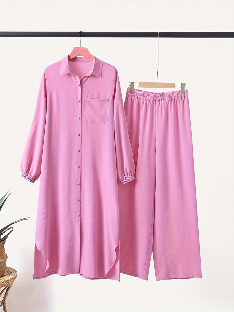 New Arabian 2pcs Abaya Set - Women'S Elegant Multi-Button Solid Color Long Sleeve Wide-Leg Pants Without for Ramadan Spring Autumn Daily Commute - Image 5
