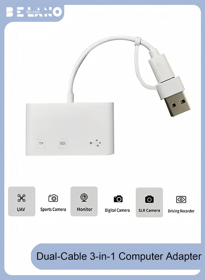 BELANO 3-in-1 USB SD Card Reader Adapter with USB-A Port, Supports SD/TF/USB Flash Drive, Plug & Play Memory Card Reader (White) - Image 1