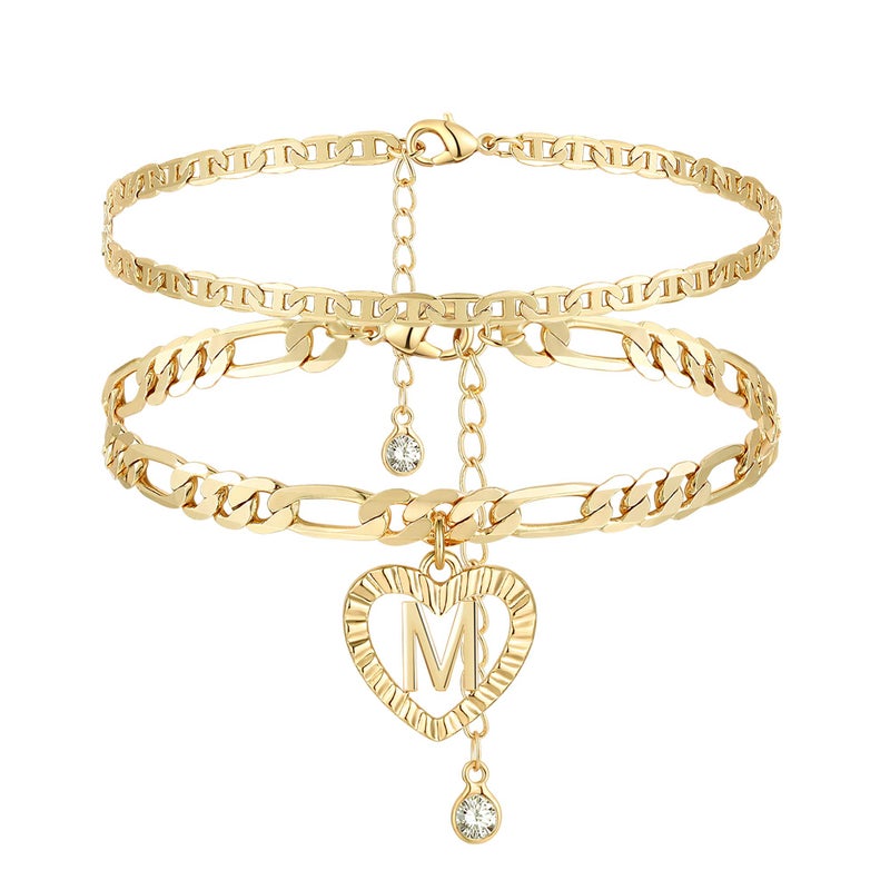 YANODA Initial Ankle Bracelets for Women 14K Gold Plated Layered Figaro Chain Letter Initial Anklets Handmade Layered Heart Ankle Bracelets Personalized Jewelry for Women M - Image 1