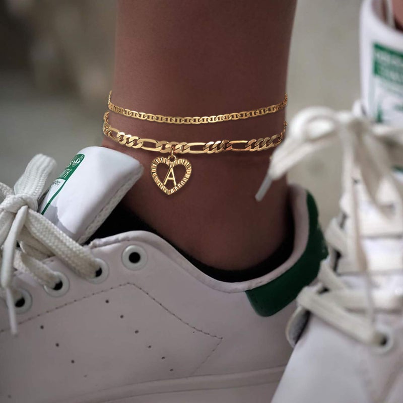 YANODA Initial Ankle Bracelets for Women 14K Gold Plated Layered Figaro Chain Letter Initial Anklets Handmade Layered Heart Ankle Bracelets Personalized Jewelry for Women M - Image 3