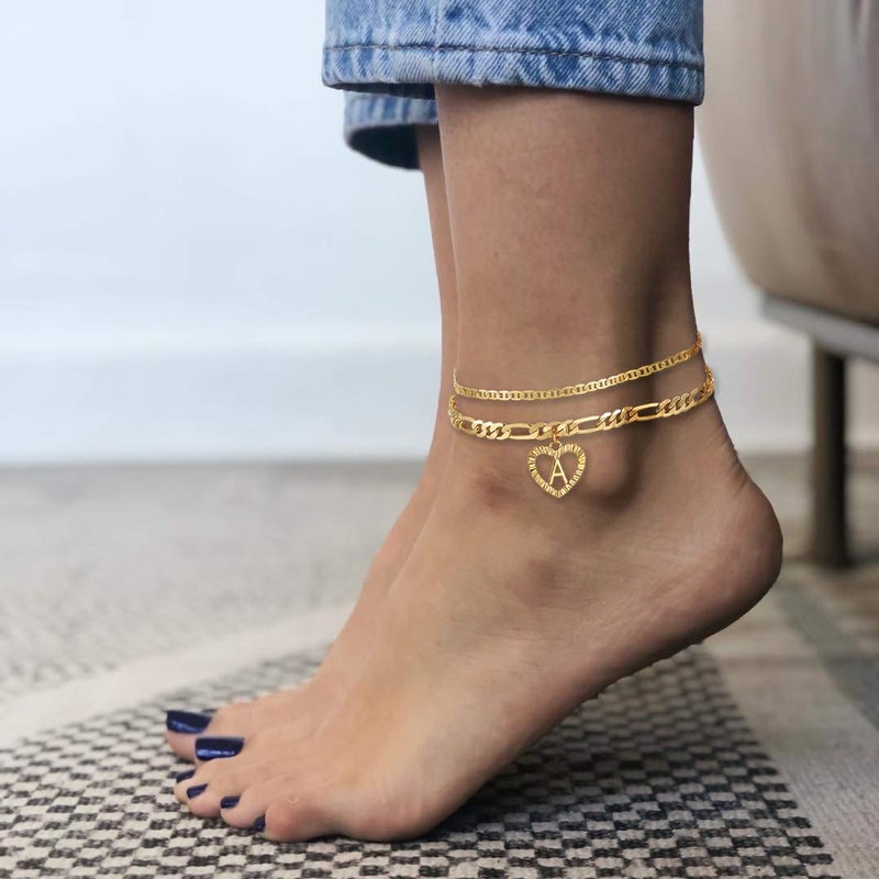 YANODA Initial Ankle Bracelets for Women 14K Gold Plated Layered Figaro Chain Letter Initial Anklets Handmade Layered Heart Ankle Bracelets Personalized Jewelry for Women M - Image 2