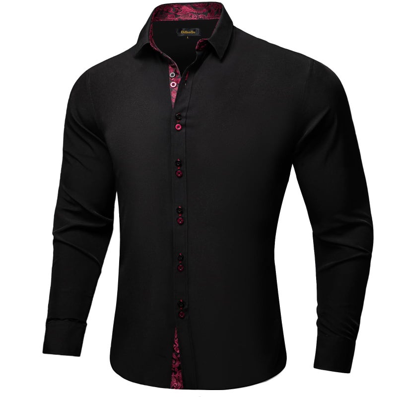 DiBanGu Men's Dress Shirt Long Sleeve Casual Button Down Shirts Regular Fit Inner Contrast Shirt for Business Party, Black and Red, X-Large - Image 3