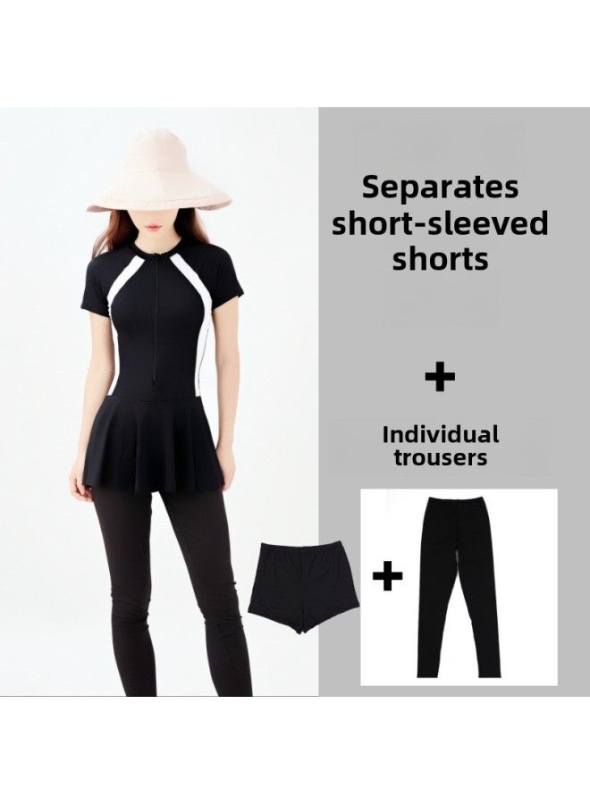 Generic Full-body Long-sleeved Sunscreen Swimsuit Conservative Skirt One-piece Long-sleeved Trousers Sports Swimsuit Women's Diving Suit-Color:5545 Short Sleeve Split (shorts + Trousers)-Size:L (44.50 Kg-48.00 Kg  - Image 1