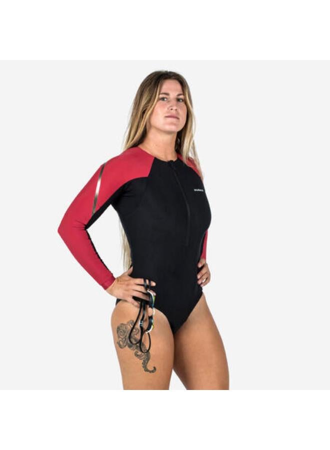 نابايجي مايوه سباحة قطعة واحدة بأكمام طويلة للنساء - Kamy أسود/ أحمر - Image 1