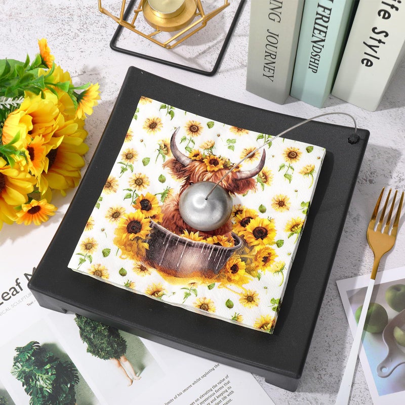 Whaline 80Pcs Highland Cow Napkins Sunflower Cute Highland Cattle Napkins Farmhouse Watercolor Floral Disposable Dinner Hand Napkins for Spring Summer Home Kitchen Party Supplies - Image 3