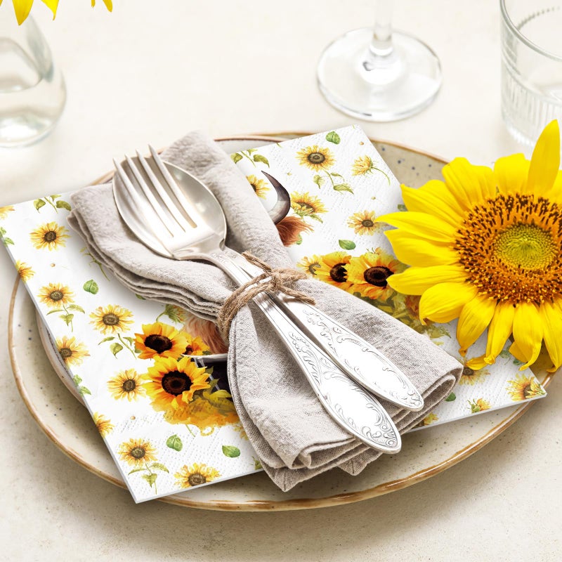 Whaline 80Pcs Highland Cow Napkins Sunflower Cute Highland Cattle Napkins Farmhouse Watercolor Floral Disposable Dinner Hand Napkins for Spring Summer Home Kitchen Party Supplies - Image 4