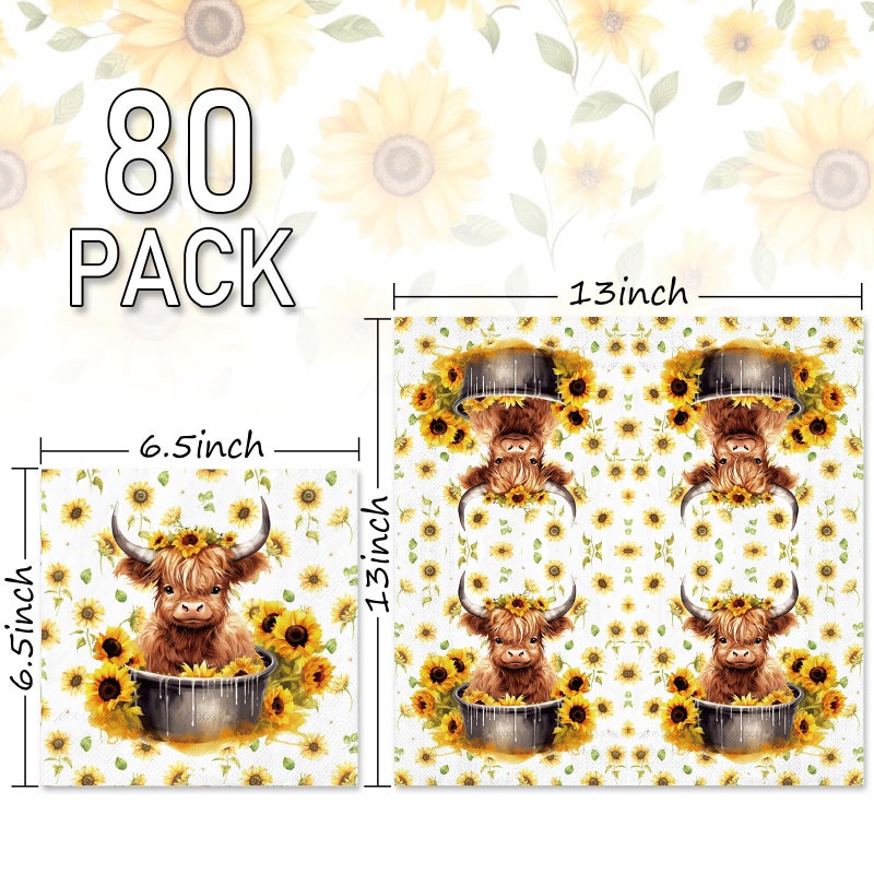 Whaline 80Pcs Highland Cow Napkins Sunflower Cute Highland Cattle Napkins Farmhouse Watercolor Floral Disposable Dinner Hand Napkins for Spring Summer Home Kitchen Party Supplies - Image 2