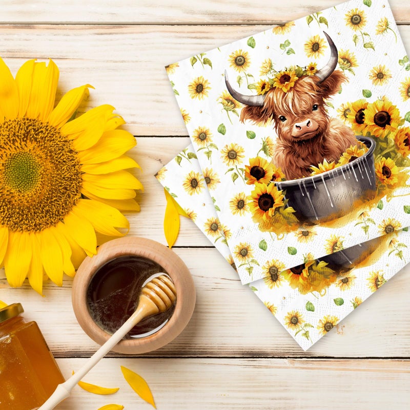 Whaline 80Pcs Highland Cow Napkins Sunflower Cute Highland Cattle Napkins Farmhouse Watercolor Floral Disposable Dinner Hand Napkins for Spring Summer Home Kitchen Party Supplies - Image 5