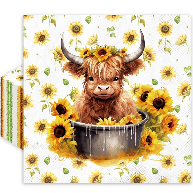 Whaline 80Pcs Highland Cow Napkins Sunflower Cute Highland Cattle Napkins Farmhouse Watercolor Floral Disposable Dinner Hand Napkins for Spring Summer Home Kitchen Party Supplies - Image 1