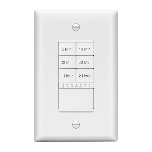 LIDER 2Hour Countdown Timer Switch with Wall Plate 5102030 Min 12 Hour for Lighting or Fans LED Indicator 1200W Neutral Wire Required ResidentialCommercial Grade LTS2HWWP White