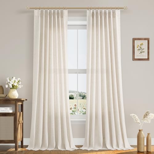 Aersas Pinch Pleated 90 Inch Curtains 2 Panels for Living Room Cream Beige Linen Curtains 90 Inches Long Pinch Pleat Drapes for Track System Light Filtering Semi Sheer Curtain for Dining Bedroom Office - Image 1