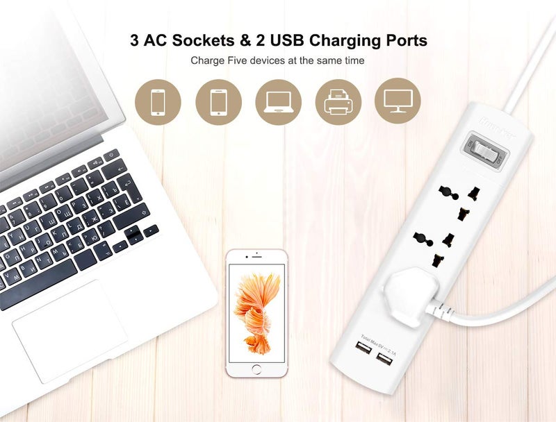 HuntKey Huntkey 100 Copper Electric Socket Upgraded Version 5V 21A Supporting Quick Charge 2 USB Ports with 3 Outlets Smart IC Technology OverLoad Protection Heavy Duty Power Strip 3 Year Warranty  - Image 4