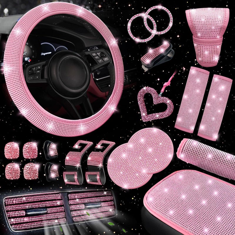 NBTEPEM 30 Pcs Pink Bling Car Accessories Set for Women Pink Steering Wheel Cover Set Bling Console Cover Seat Belt Cushion Shift Knob Cushion Cup Coaster Rhinestone Car Hanging Accessories - Image 2